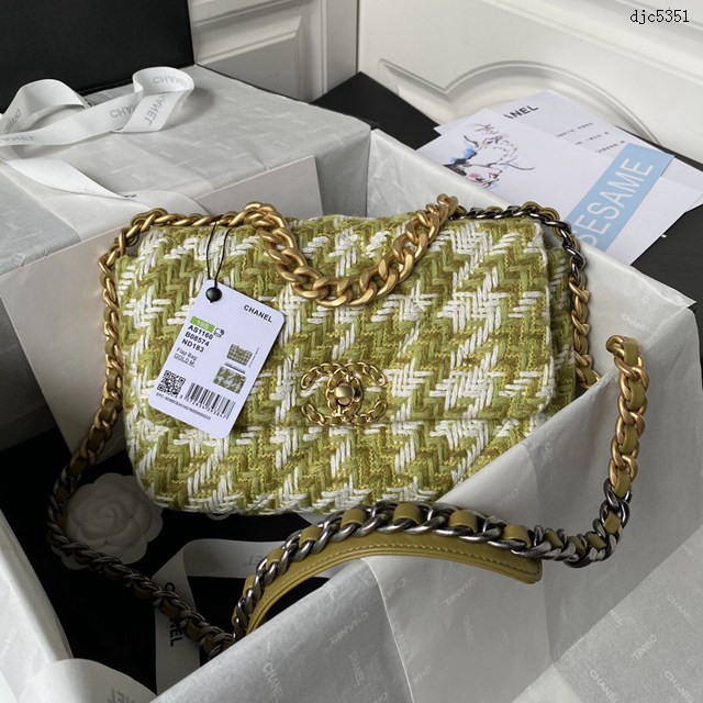 Chanel專櫃秋冬系列19bag AS1160毛呢印花 香奈兒三拼色五金鏈條單肩斜挎手提女包 djc5351