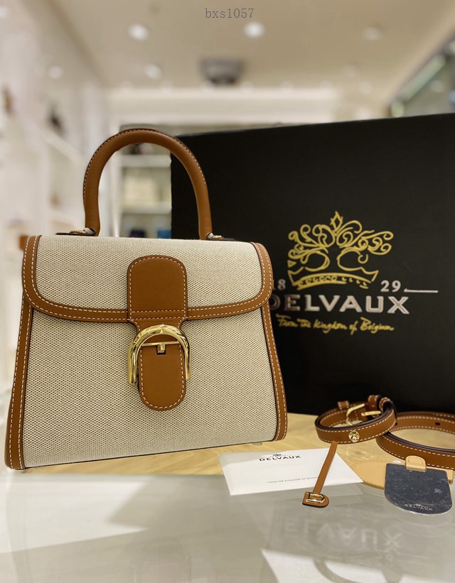 Delvaux全新帆布系列經典款Brillant手提女包 德爾沃專櫃PM焦糖帆布拼皮手袋 bxs1057