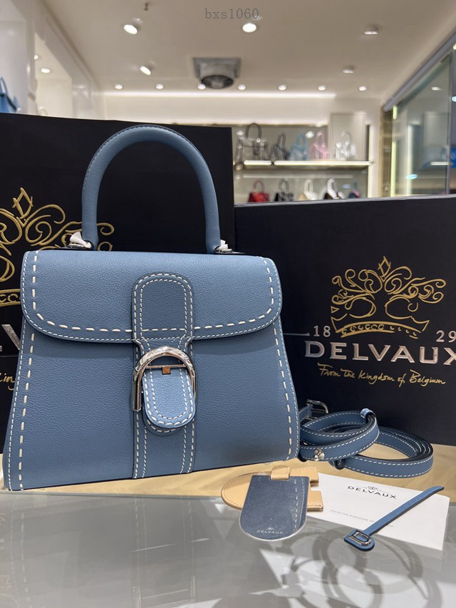 Delvaux太平洋藍外縫線全新mini手提女包 德爾沃專櫃經典款焦糖色BrillantPM包袋 bxs1060