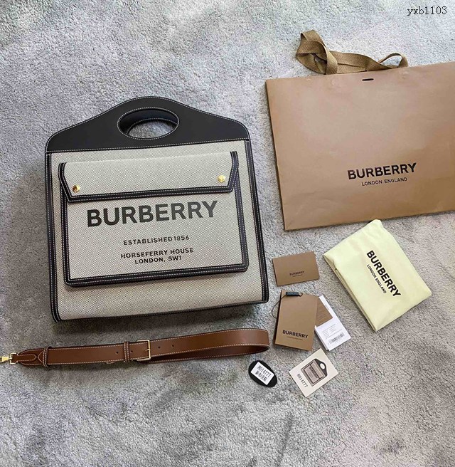 Burberry專門店新款大號41cm撲克包 巴寶莉焦糖咖啡奶油白手提托特包 yxb1103