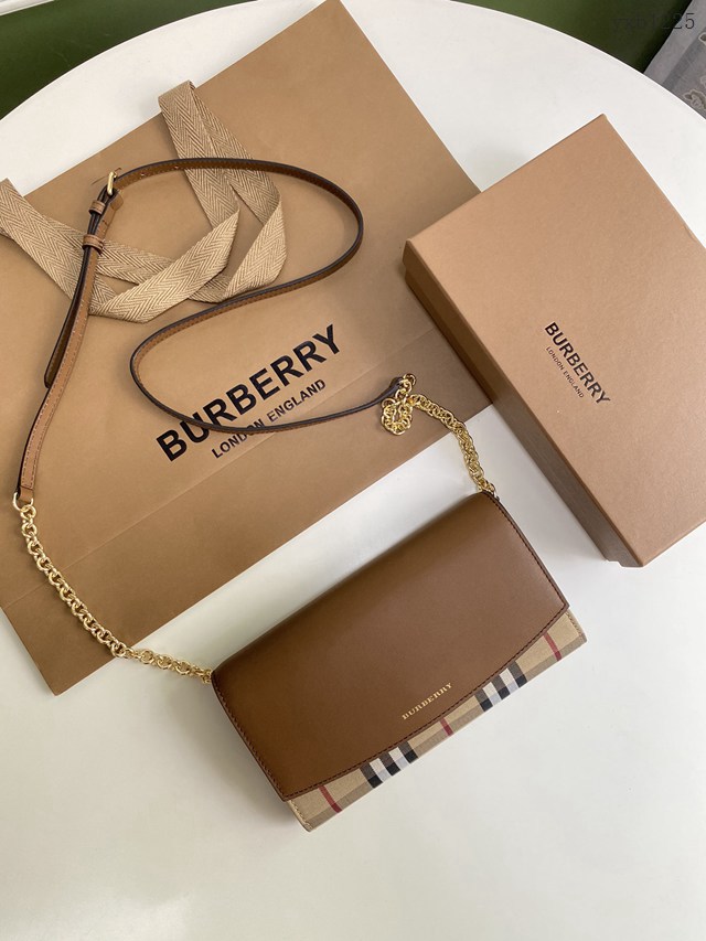 Burberry專門店新款House格紋拼皮革錢夾 巴寶莉小型手袋鏈條錢包 yxb1225