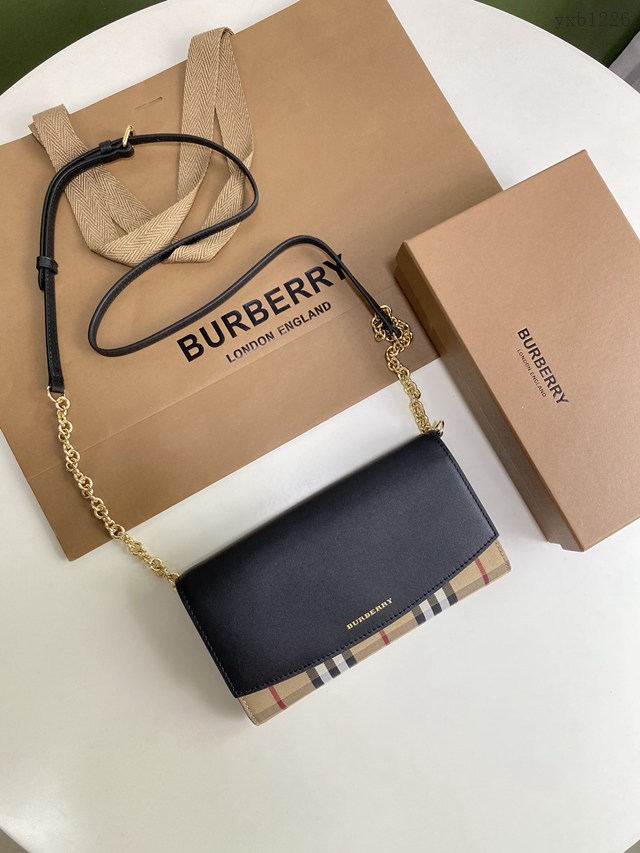 Burberry專門店新款House格紋拼皮革錢夾 巴寶莉小型手袋鏈條錢包 yxb1226