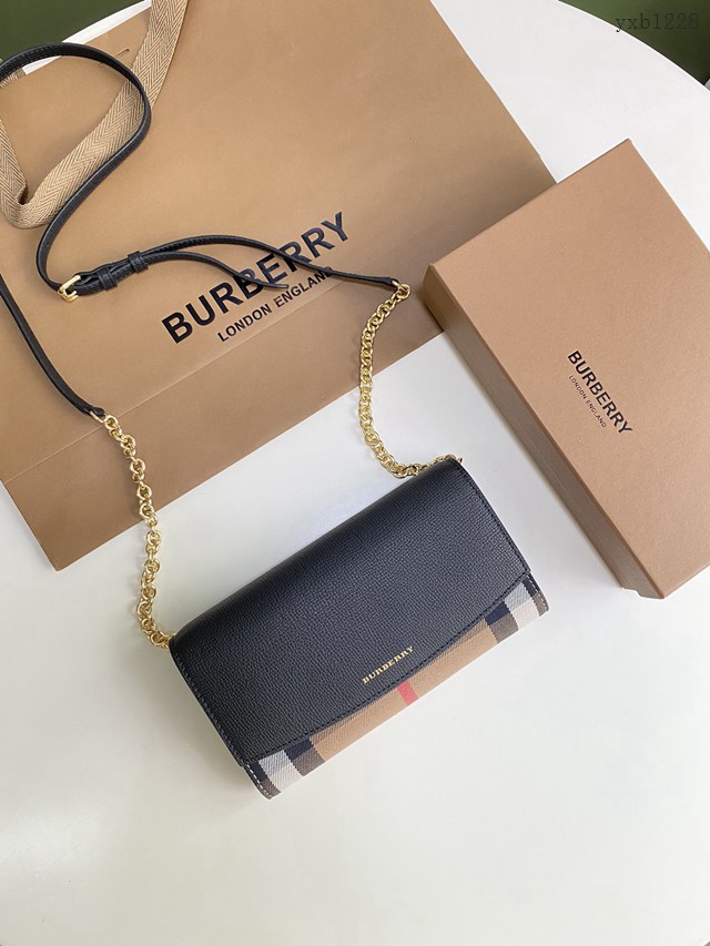 Burberry專門店新款House格紋拼皮革錢夾 巴寶莉小型手袋鏈條錢包 yxb1228