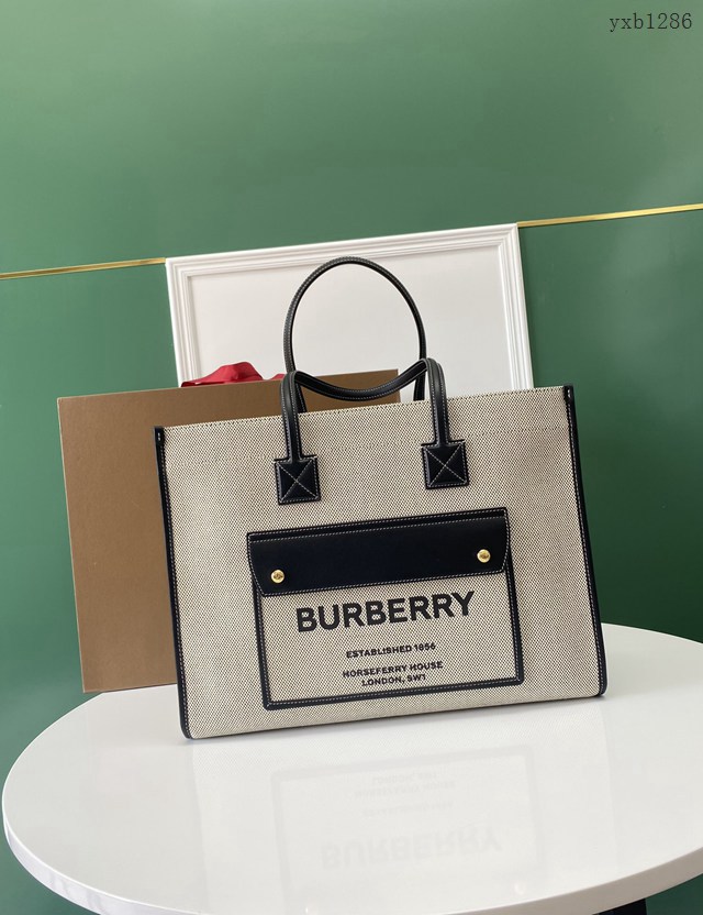 Burberry專門店新款手提女包購物袋 巴寶莉大號雙色帆布拼皮皮革Freya義大利精製托特包 yxb1286