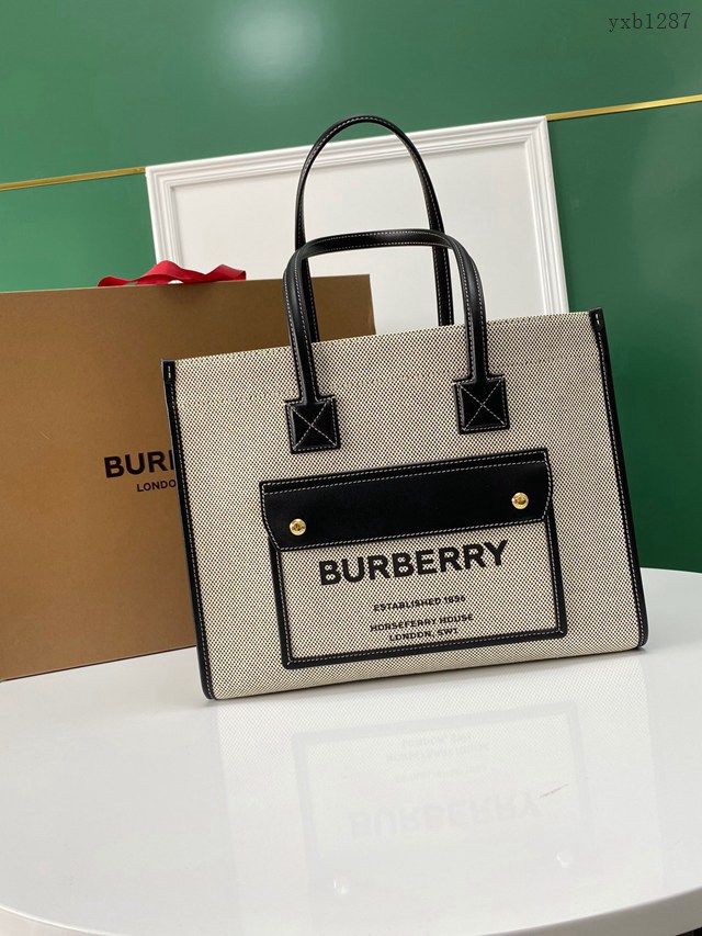 Burberry專門店新款手提女包購物袋 巴寶莉中號雙色帆布拼皮皮革Freya義大利精製托特包 yxb1287