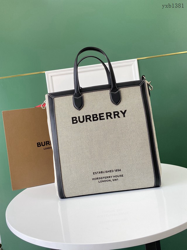 Burberry專門店新款男士托特包 巴寶莉棉質紗線條紋肩背帶手提肩背購物袋 yxb1381