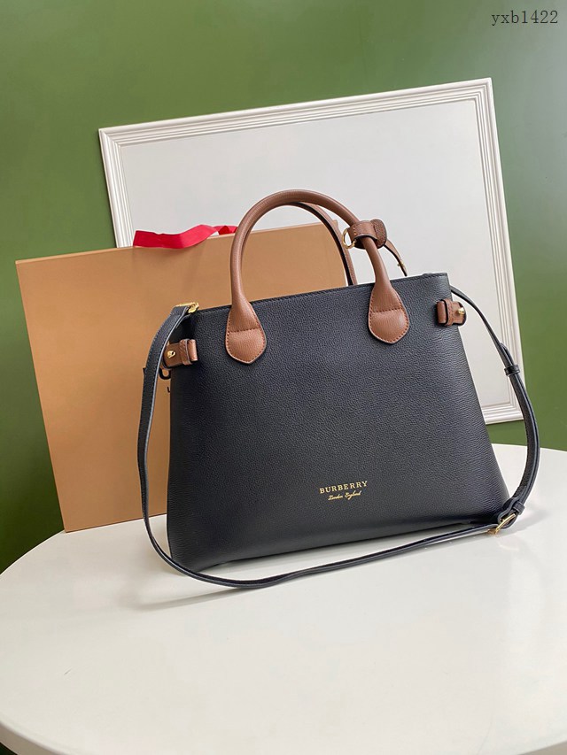 Burberry專門店新款中號黑棕托特包 巴寶莉粒面小牛皮手提肩背女包 yxb1422
