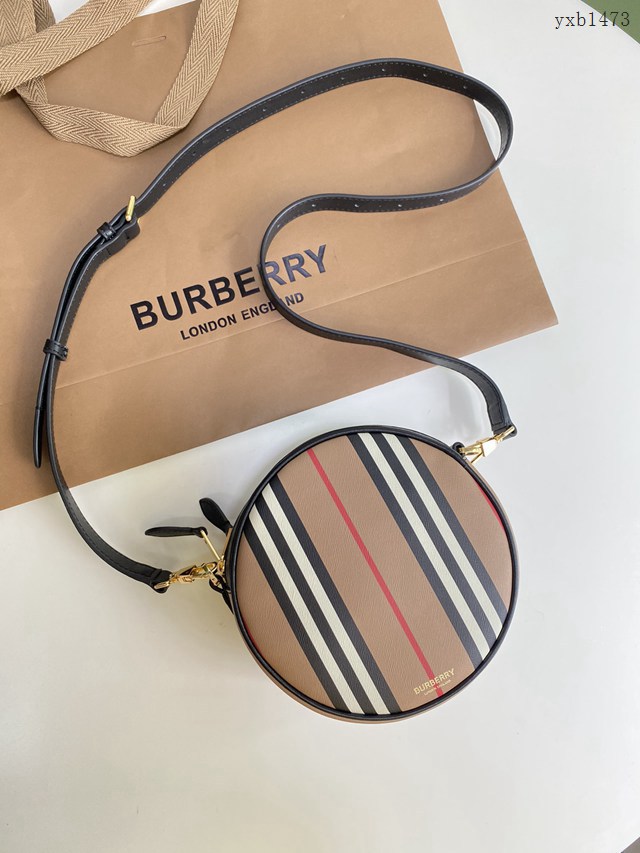 Burberry專門店新款圓餅包 巴寶莉棉質帆布拼皮革圓形斜挎包 yxb1473