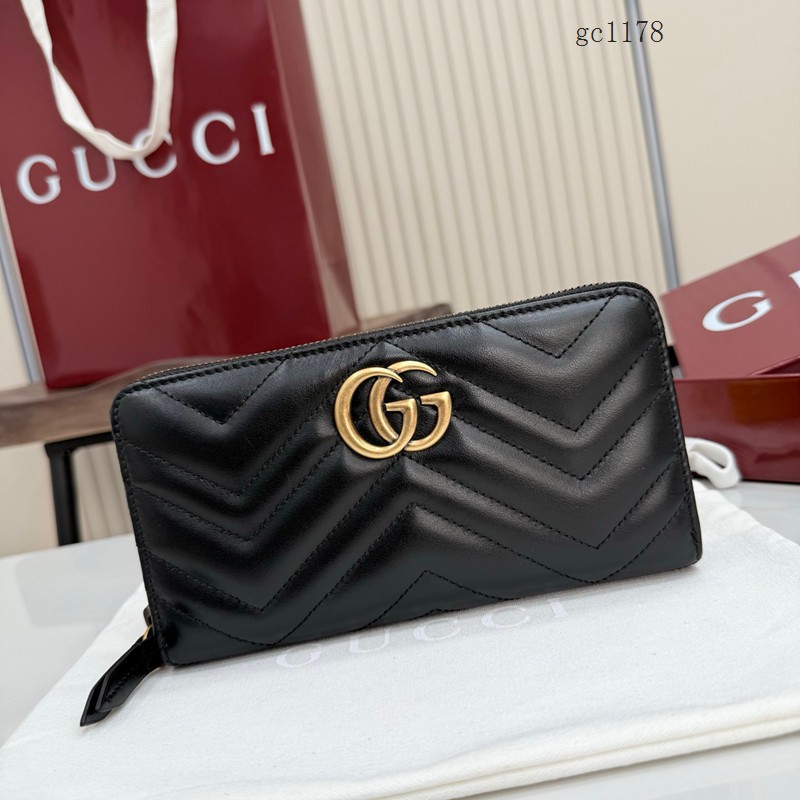 Gucci專櫃絎縫V型全皮零錢包 古馳Marmont系列女士長款拉鏈錢包 443123 gc1178