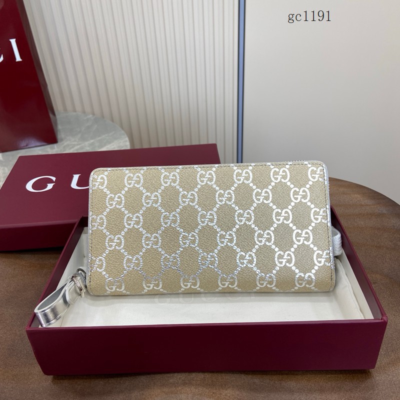 Gucci專櫃雙G銀色印花全皮拉鏈零錢包 古馳Emblem系列女士長款錢包 819122 gc1191