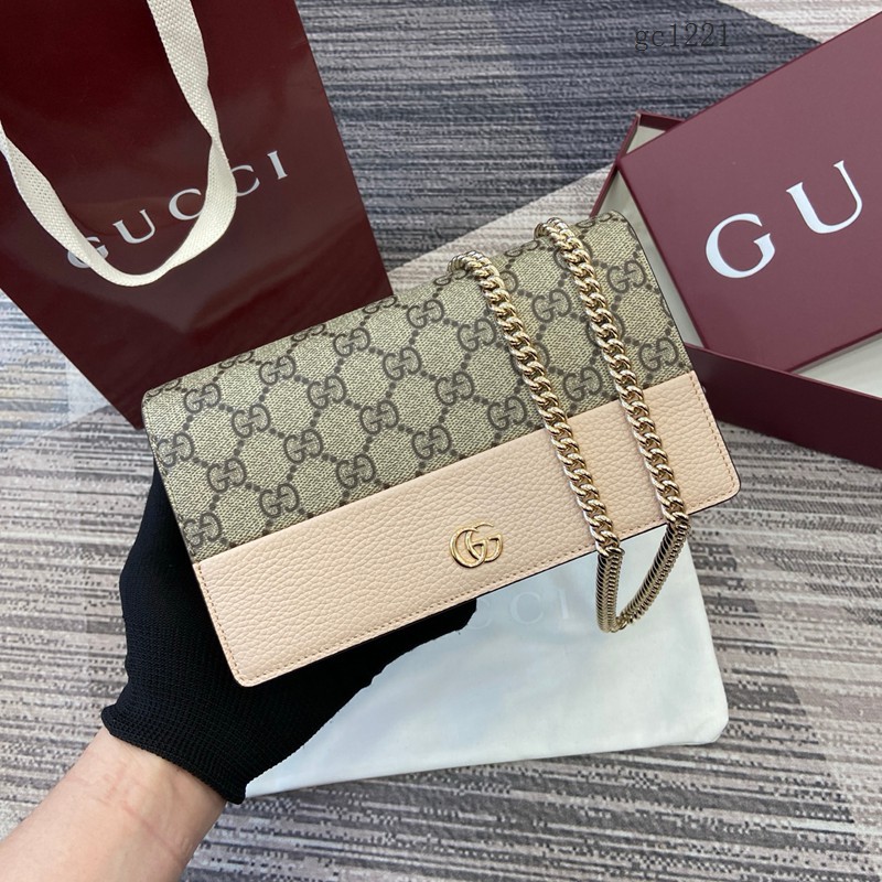 Gucci專櫃拼接翻蓋鏈條包 古馳Marmont系列雙色女士單肩斜挎包 497985  gc1221