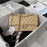 Chanel專櫃新款Classic Flap Bag A01112 香奈兒經典款CF杏色小羊皮鏈條單肩斜挎女包 djc4735