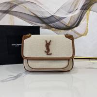 YSL专柜款女包 聖羅蘭經典款小牛皮配帆布小號郵差包 YSL肩背斜挎包 533037  jjh1100