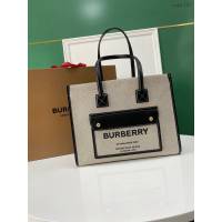 Burberry專門店新款手提女包購物袋 巴寶莉中號雙色帆布拼皮皮革Freya義大利精製托特包 yxb1287