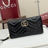 Gucci專櫃絎縫V型全皮零錢包 古馳Marmont系列女士長款拉鏈錢包 443123  gc1176