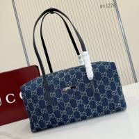 Gucci專櫃女士雙G老花托特包波士頓包 古馳Generation系列丹寧水洗牛仔藍手提腋下包 875228  gc1278