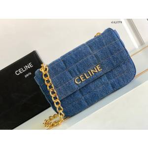 Celine專櫃2023新款絎縫牛仔布革鏈條肩背包 賽琳牛仔布絎縫斜挎女包 sldj2379