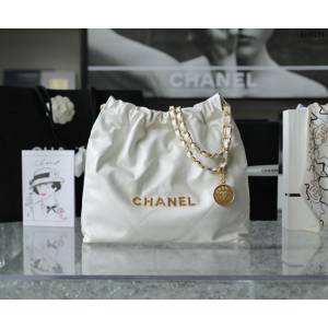 Chanel專櫃新款火爆小號22bag包購物袋 香奈兒收納袋白色/金字原廠小羊皮鏈條肩背手袋手提袋 djc5261