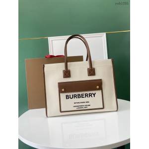 Burberry專門店新款手提女包購物袋 巴寶莉大號雙色帆布拼皮皮革Freya義大利精製托特包 yxb1285