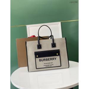 Burberry專門店新款手提女包購物袋 巴寶莉大號雙色帆布拼皮皮革Freya義大利精製托特包 yxb1286
