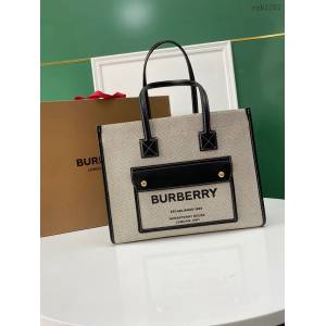 Burberry專門店新款手提女包購物袋 巴寶莉中號雙色帆布拼皮皮革Freya義大利精製托特包 yxb1287