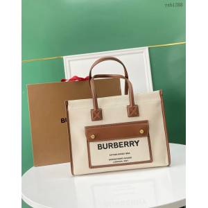 Burberry專門店新款手提女包購物袋 巴寶莉中號雙色帆布拼皮皮革Freya義大利精製托特包 yxb1288
