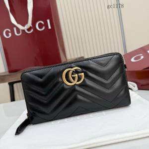 Gucci專櫃絎縫V型全皮零錢包 古馳Marmont系列女士長款拉鏈錢包 443123  gc1178