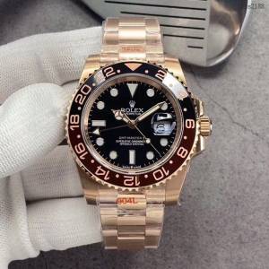 勞力士複刻手錶 Rolex男士腕表 全玫黑紅陶瓷圈 GMTMASTER格林尼治型環球腕表 126710BLRO-0001  gjs2188